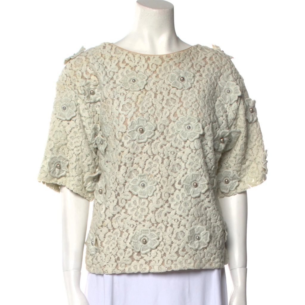 Chlo Lace Floral Appliqu & Faux Pearl Bateau Neck Top Size S (Us 4, Fr 36)
